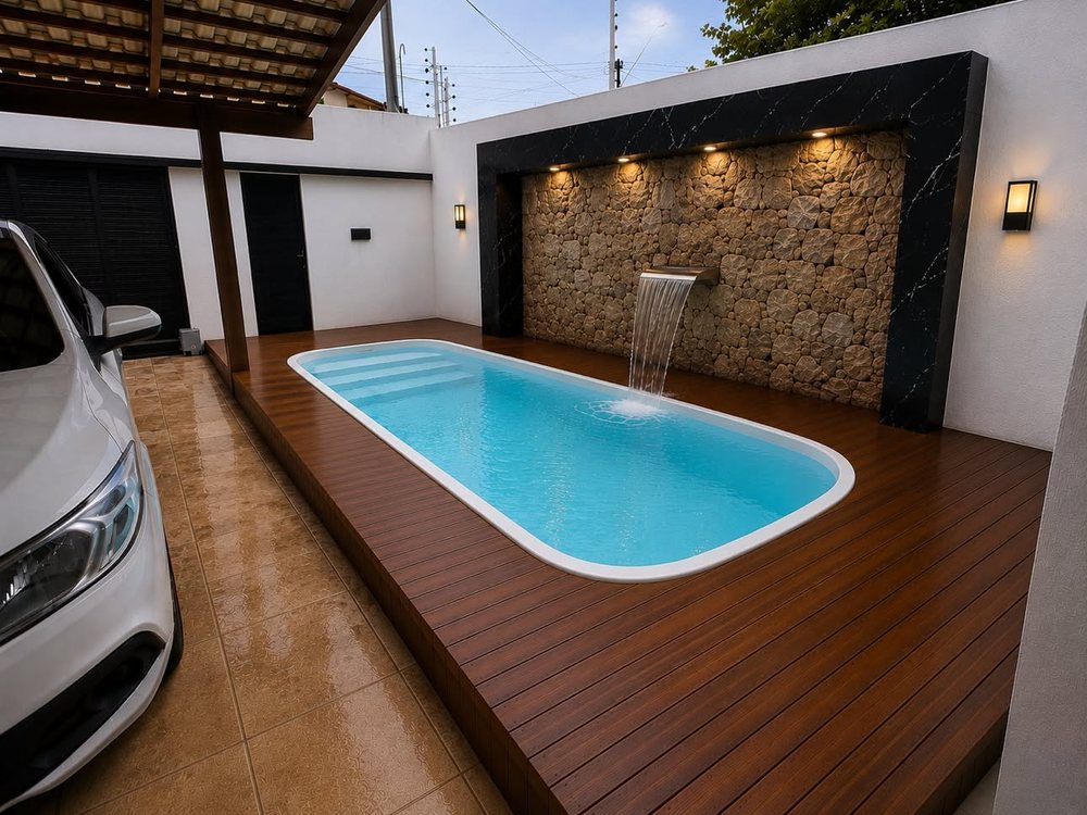 Deck de madeira nobre em borda de piscina com cascata