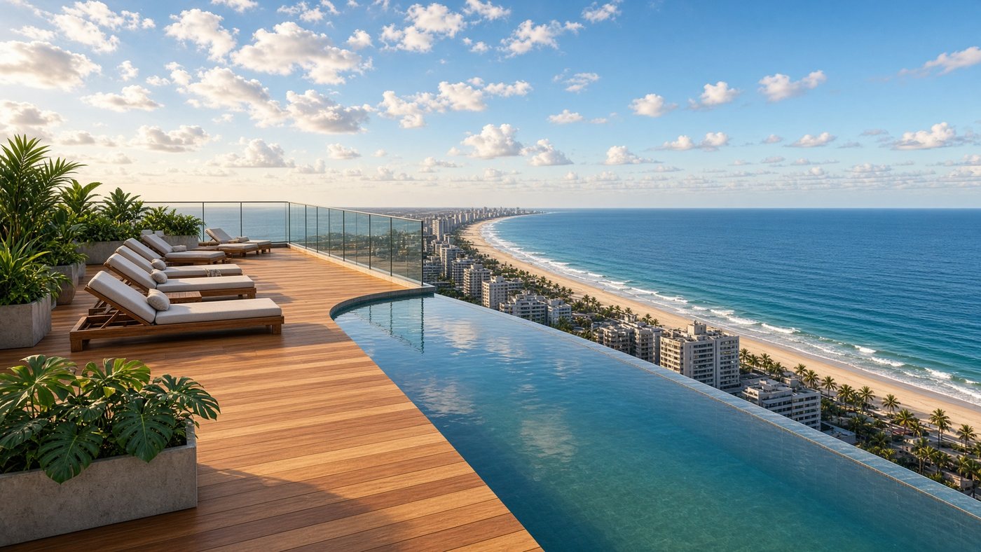 Deck de madeira nobre em cobertura com piscina de borda infinita e vista para o mar