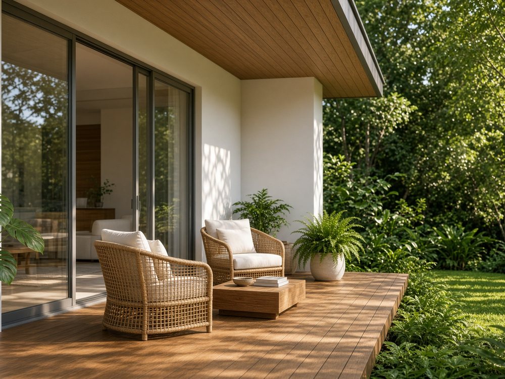 Varanda com forro de madeira e deck voltado para o jardim