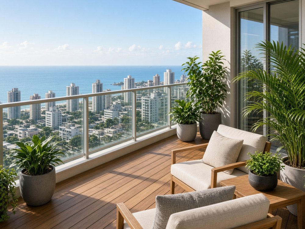 Deck em varanda de apartamento com vista para o mar