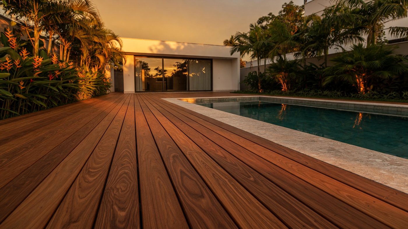 Deck de madeira nobre em borda de piscina ao entardecer