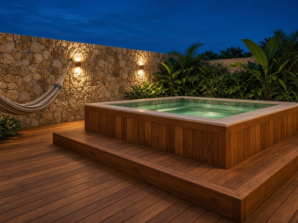 Spa elevado revestido em madeira nobre sobre deck, com iluminação noturna