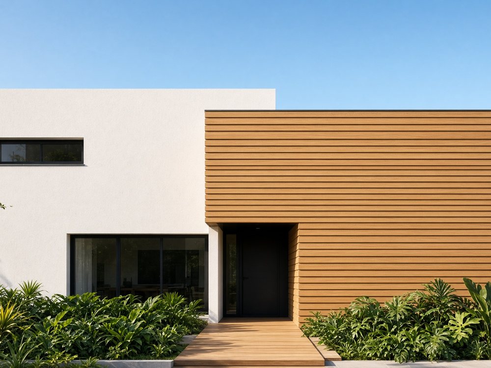 Fachada com revestimento horizontal em madeira nobre