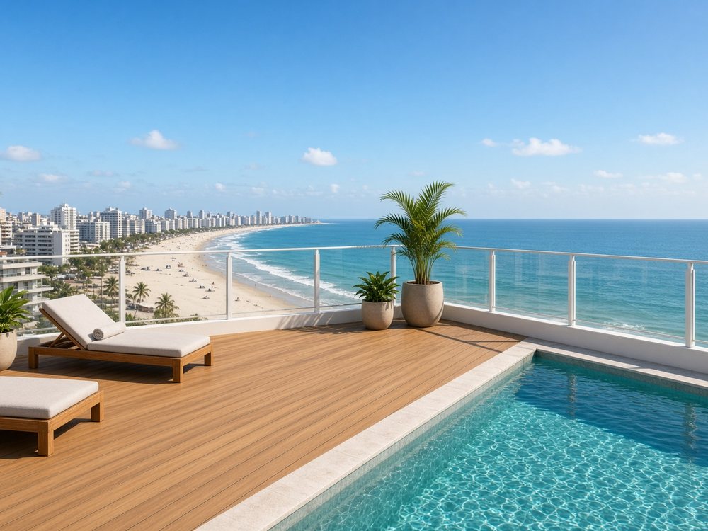 Deck em cobertura de edifício à beira-mar com piscina