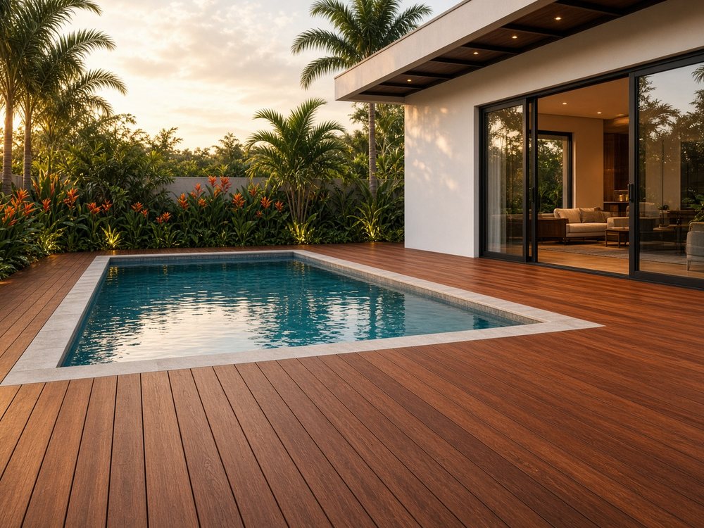 Deck de madeira nobre em área de piscina ao pôr do sol